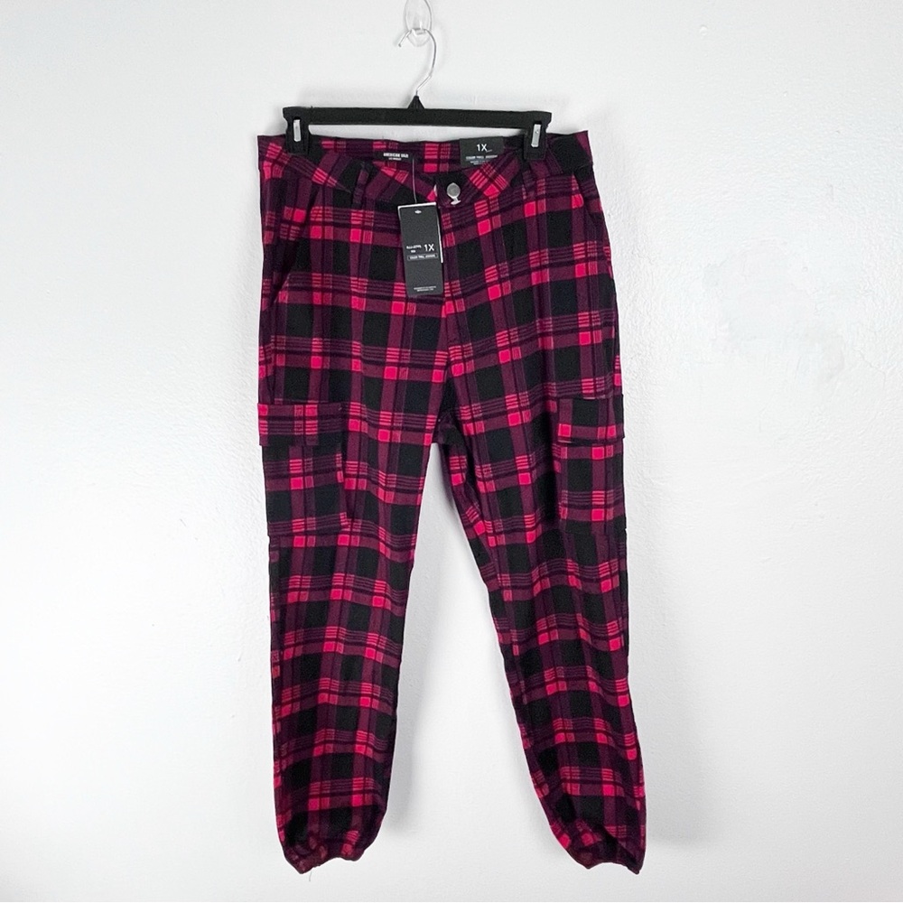 AMERICAN BAZI Red Black Plaid Twill High Rise Joggers Academia Casual Women’s 1X